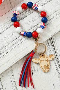 American Flag Cow Shape Beaded Bracelet Keychain