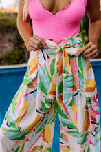 Multicolor Tropical Leafy Print Belted Wide Leg Pants