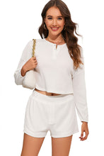 Waffle Knit Buttoned Long Sleeve Crop and Shorts Lounge Set