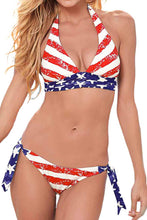 American Flag Print Self-tie Strap Halter V Neck Bikini