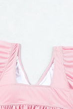 Ribbed Ruched Ruffle Top Printed Bikini Set