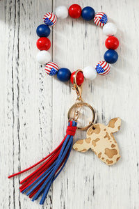 American Flag Cow Shape Beaded Bracelet Keychain
