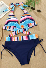 Multicolor Striped Ruched Tie Halter Backless Bikini Set