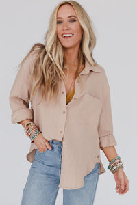 Khaki Crinkled Turn-down Collar Buttoned Shirt with Pocket