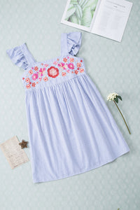 Floral Embroidered Striped Ruffled Sleeveless Mini Dress