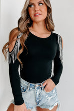 Rhinestone Fringed Cold Shoulder Long Sleeve Bodysuit