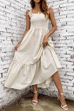 Khaki Plaid Ruffled Sleeve Smocked Maxi Dress