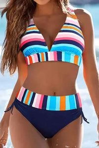 Multicolor Striped Ruched Tie Halter Backless Bikini Set