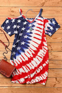 American Flag Tie Dye Cold Shoulder V Neck Mini Dress