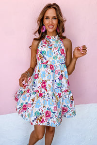 Frill Mock Neck Sleeveless Tiered Floral Dress