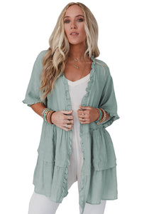 Green Ruffled Trim Half Sleeve Open Front Kimono