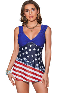 Multicolor American Flag Print V Neck Two-piece Swimsuit