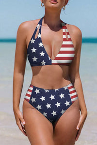 Stars and Stripes Patchwork Flag Pattern Bikini Swimsuit