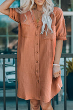 Crinkle Textured Joint Bubble Sleeve Shirt Dress