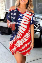 American Flag Tie Dye Cold Shoulder V Neck Mini Dress