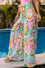 Multicolor Tropical Leafy Print Belted Wide Leg Pants