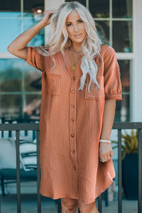 Crinkle Textured Joint Bubble Sleeve Shirt Dress