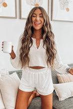 Waffle Knit Buttoned Long Sleeve Crop and Shorts Lounge Set