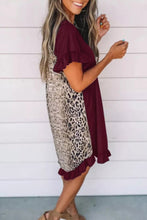 Wine Flounce Design Leopard Printed Short Sleeve Mini Dress