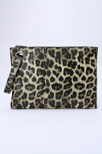 Khaki Leopard Print Zipper Wristlet Clutch
