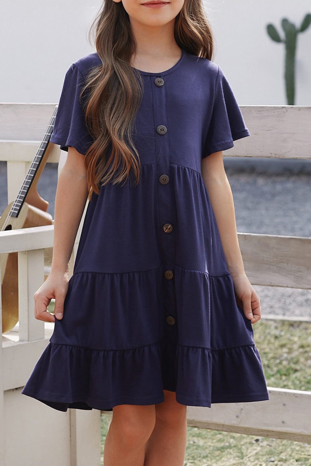 Flutter Sleeves Tiered Girls’ Dress with Buttons